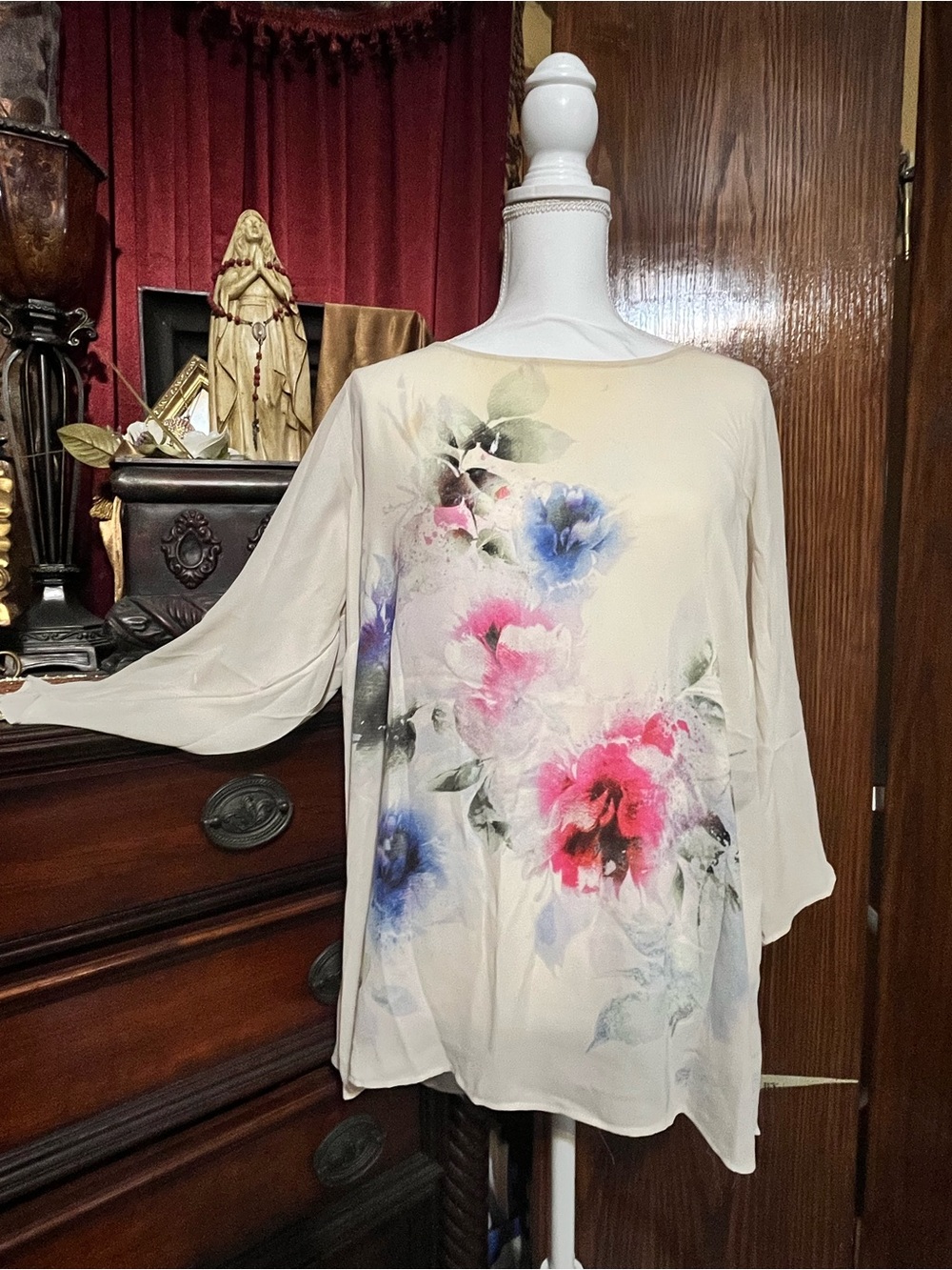 Floral Print Cream Women's Blouse - Lightweight Long Sleeve Top